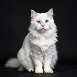 a turkish angora cat with complete heterochromia ， white fluffy hair, in the black room, the studio is illuminated