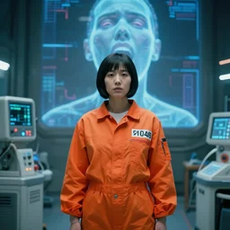 a still from the film bladerunner 2 0 4 9 depicting haruka abe wearing an orange prison jumpsuit. a screaming holographic face dominates the background. futuristic medical equipment surrounds haruka abe. sci fi, futuristic,