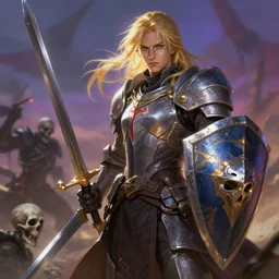 blond knight with glasses sword shield, death in battle, fantasy, digital painting, dramatic lighting, vibrant setting, realistic shading, unreal engine 5, concept art, ultra detailed, trending artstation