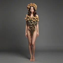 full body fine art photo of the most beautiful woman, she has a crown of dried roses, by oleg oprisco