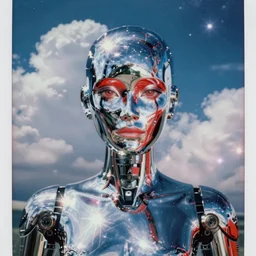analog polaroid portrait of an attractive chrome female robot looking at the camera, beautiful, Hajime Sorayama, symmetrical facial features, sheen, red reflections, unreal engine, azure sky, big clouds visible, sunlight, reflection, sparkles, space, stars, nebula, lensflare, film grain, depth of field, color bleed
