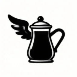 a logo of a winged coffee pot, black and white, vector, lineart, simple