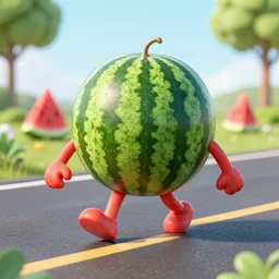 3 d render of a watermelon with legs and arms, walking on a road