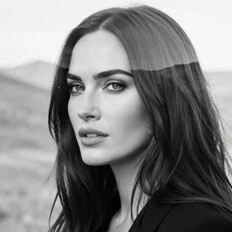 double - exposure effect of megan fox face blended in beautiful mountains, in the style of dan mountford, amazing detail, black and white