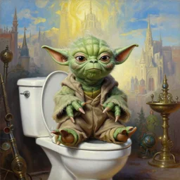 portrait oil painting, yoda sitting on a toilet, majestic background, ultra realistic, wide angle, intricate details, artifacts, luminous skies, highly detailed, michael cheval, peter mohrbacher, boris vallejo, jessica rossier, oil painting, highly detailed, cinematic lighting