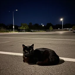 a realistic black cat chilling in an empty parking lot with high street lamps, the night is full of stars, street photography, analogue, very detailed, dark colors
