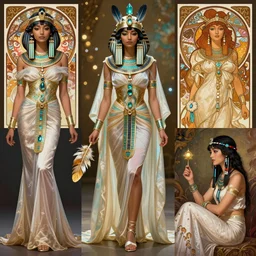 Character fashion spot illustrations of Egyptian and Asian and Native American culture crossover, colorful, full-body, bloom, dynamic poses, diaphanous cloth, intricate crystalline and feather jewelry, ornate, filigree, arcane, cinematic lighting, by Artgerm, by Alphonse Mucha, by Bouguereau, by Sakimichan, fantasy, portfolio illustration, highly detailed, trending on Artstation, CGsociety, HQ, 8k, 35mm lens, f2.8, Bokeh,