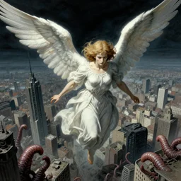 detailed, sharp, an angel floating above a city by Zdzislaw Beksinski, by Junji Ito, worms eye view, dutch angle digital art, illustration, trending on artstation, HD, 8K, highly detailed, good lighting, beautiful, epic, masterpiece