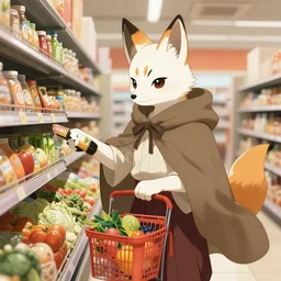 Fox kitsune humanoid wearing a cloak is shopping for groceries, pixiv, artstation