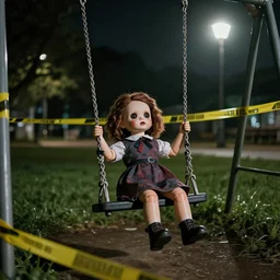 a scary doll on a swing at a park, nighttime, real photo, realistic, hyper - realism, maximalist, horror movie, caution tape, illuminated by street lights, knife