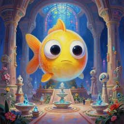 googly eyes pixar scifi a minimalist bioluminescent oil painting by donato giancola, bulbous happy goldfish giant god dinosaur temple altar machine, religious spaceport with microscopy stained glass pretty bulbous ceramic fountains, gigantic pillars and flowers, maschinen krieger, beeple, star trek, star wars, ilm, star citizen, mass effect, artstation, atmospheric perspective