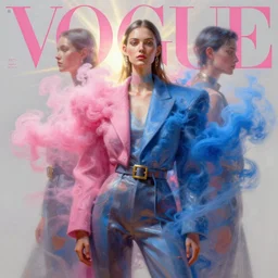 3 d, pink and blue smoke, sun rays, fashion model, vogue cover style, poster art, high detail, intricate oil painting, multiple exposure, hyperrealism, 3 d, by tooth wu and wlop and beeple and greg rutkowski