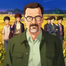 portrait of Walter White, farm field background, rich vivid colors, ambient lighting, dynamic lighting, 4k, HQ, official media, anime key visual, makoto shinkai, ilya kuvshinov, lois van baarle, rossdraws, detailed, trending on artstation