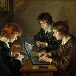 pre-Raphaelite gamers playing games on laptops by Bouguereau