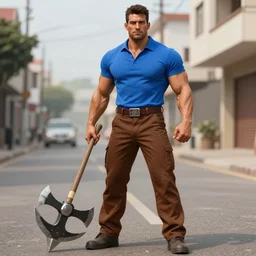 a tanned muscular man with a blue shirt and brown pants holding a diamond pickaxe down the street
