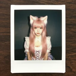 polaroid of girl with cat ears, pink hair, victorian dress