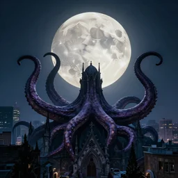 full moon engulfed by tentacles over a gothic cityscape.