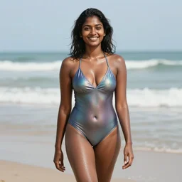 a happy sri lankan girl in swinsuit at the beach with iridescent skin by kehinde wiley