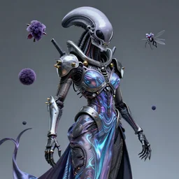 beautiful predator fused with the brundle fly and xenomorph, portrait, futuristic haute couture draped in silk, glowwave, iris van herpin, wearing space armor with bullets and electrical wires, alien puffballs, hyper detailed, ultra sharp, 8 k