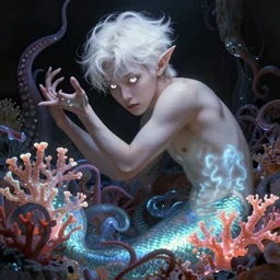 harmony of neon glowing coral, tentacles, dynamic pose, white iris, alien, ( white hair merman yoongi elf ears, no nose portrait ) by wlop, james jean, victo ngai, muted colors, highly detailed, fantasy art by craig mullins, thomas kinkade,