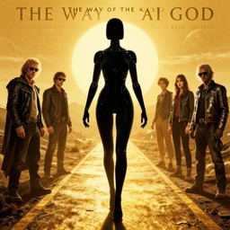 the way of the ai god, movie poster, golden roads by haza hadid, female cyborg black silhouette, artstation, designed by bill gold and saul bass, richard amsel and greg manchess and mike mignola and shepard fairey and ashley woods