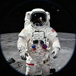 symmetry!!! portrait of an astronaut on the moon!! retro 8 0 s, fisheye lens!! stars in background, realistic illustration, art by peter elson