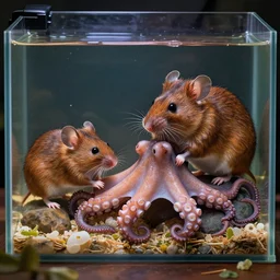 a field mouse sitting besides an octopus, octopus in tank, mouse in box,  well composed, best on artstation, cgsociety, epic, stunning, gorgeous, detailed, wow, masterpiece