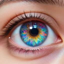 real human eye with the lense reflecting a heavily psychadelic universe hypermaximalist, incredible detail