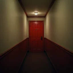 a vintage hotel hallway with a red door at the end, dimly lit, surreal, dark, liminal,
