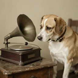 a dog listening to a phonograph in 1930