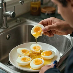 a man eating gooey eggs over a sink cinematic hdr 3 5 mm