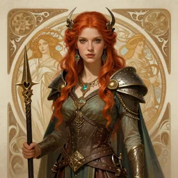 A gorgeous Norse Goddess dressed in barbaric fashion with red hair, fantasy, intricate, elegant, highly detailed, D&D, digital painting, artstation, concept art, matte painting, sharp focus, illustration, in the style of Greg Rutkowski and Alphonse Mucha and artemisia gentileschi