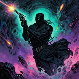 a true hero, sinking, wrapped in black, clutching a hopespark revolver in the drifting voids. Fantasy Tron sci-fi illustration, vibrant neon inks painting, by Edvard Junjiito Picasso and Gustave Dore and Carl Critchlow