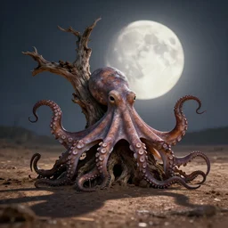 a big old dead tree that looks an octopus in front of the full moon. clear detailed shadow on the ground. octane render, cinematic photo telelens far away, amazing light, bokeh.