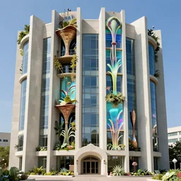 highly detailed futuristic vertical architecture by Frank Lloyd Wright and Salvador Dalí, reflective lighting, holographic, stylized vegetation, ground-level view, stunning sunny lighting, sunrise, vivid colors, in the style of pixar animation, trending on Artstation, 8k, matte painting, ray tracing, hyper detailed, unreal engine 5, cinematic, epic lighting, cryengine, octane render, cyberpunk, red and orange glow, vibrant