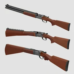 3 d model of double barrel shotgun, low poly toon shading, flat colors, low poly artstation