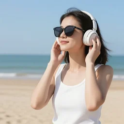 a girl with sunglasses listening music in the beach