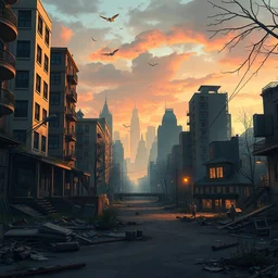 a stylized 2 d cinematic keyframe of a post - apocalyptic city streets at dawn covered by nature, debris, abandoned, joy gaze, cel - shaded, classical animation, edge - to - edge print, rendered by studio ghibli, artgerm, alyssa monks, andreas rocha, david kassan, neil blevins, rule of thirds, golden ratio, ambient lighting, artgerm