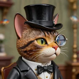 closeup profile face portrait of a tin toy jack the ripper as a cat wearing a top hat and monocle, nicoletta ceccoli, mark ryden, lostfish, max fleischer, depth of field, detailed and intricate victorian environment, 8 k resolution, hyperrealistic, octane render