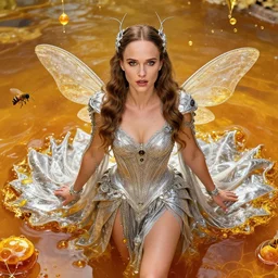 natalie portman as a bee witch dressed in intricate silver clothing surrounded by honey particles above a pool of bee honey, fantasy, wlop, trending on artstation, deviantart, anime key visual, official media, professional art, 8 k uhd