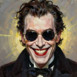 portrait of an evil man with sunglasses, evil smile, in the style of roger deakins, david lynch, oil painting, realistic