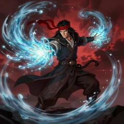 fantasy character illustration of a mage wearing a red headband shooting a blast of swirling water from both hands during a dark red storm, trending on artstation, digital art ( by jesper ejsing ) ( by clint cearley ) ( by raluca marinescu )