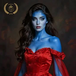 woman with blue skin in a red dress, fantasy art