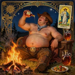 a dramatic, epic, ethereal painting of a (!!!!!!handsome!!!!!!) thicc chunky beefy mischievous shirtless with a big beer belly wearing a large belt and bandana offering a whiskey bottle | he is a cowboy relaxing by a campfire | background is a late night with food and jugs of whisky | homoerotic | stars, !!tarot!! card, art deco, art nouveau, intricate | by Mark Maggiori (((and Alphonse Mucha))) | trending on artstation
