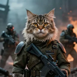 a portrait of a futuristic cyberpunk british longhair cat soldier in war scene, epic scene, epic lighting, by greg rutkowski