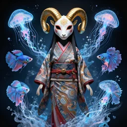3 d muppet goddess frontal view full body, astral projection, with ram golden skull. beautiful intricately detailed japanese fractal kitsune mask and clasical japanese kimono. betta fish, jellyfish fractal, bio luminescent, plasma, ice, water, wind, creature, mandelbulb, fractal, artwork by tooth wu and wlop and beeple and greg rutkowski