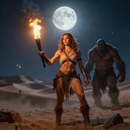 mila kunis as muscled amazon warrior captured by orcs, torch, full moon, moon rays, beautiful epic vista, flowing hills, far desert, fireflies, eerie sky, frank frazetta, alex horley, ralph horsley, michael whelan