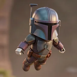 mandalorian as nendoroid flying in the croods movie style, full helmet, anime, disney, pixar, 8 k, hd, dof, kodak film, volumetric lighting, subsurface scattering, photorealistic, octane render, details, full body