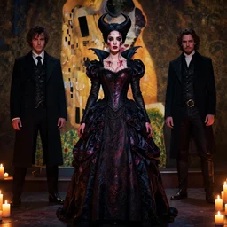 megan fox witch queen, black eyes, blood, full body, intricate victorian dress, middle shot, cinematic lighting, studio quality, symmetrical eyes, artgerm, joshua middleton, rafael albuquerque, moody lighting, candles, art style by klimt, ian sprigger and wlop and krenz cushart