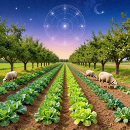 biodynamic farm, beautiful, astrological features in the sky, vivid color schemes, rows of vegetable crops, grazing sheep, fruit trees